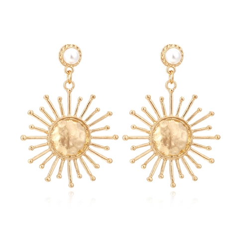 Orecchini Pendenti Vintage A Raggio Di Sole Per Donna Lega Placcata Oro Texture Martellata Con Perla Artificial Finta Gioielli