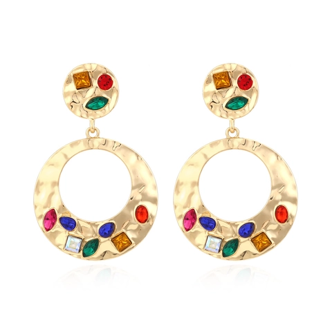 Retro Gehämmerte Legierung Große Kreolen Ohrhänger Bunte Strasssteine Geometrische Hohl Statement Ohrschmuck Für Damen