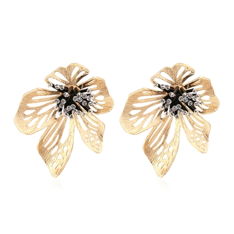 Exaggerated Hollow Flower Drop Earrings Alloy Rhinestone Handmade Vintage Floral Jewelry For Women