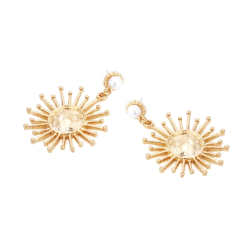 Orecchini Pendenti Vintage A Raggio Di Sole Per Donna Lega Placcata Oro Texture Martellata Con Perla Artificial Finta Gioielli