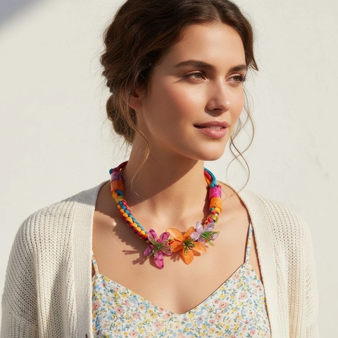 Bohemian Handmade Woven Flower Necklace Multi-color Acrylic Resin Floral Pendant Vacation Style Jewelry For Women