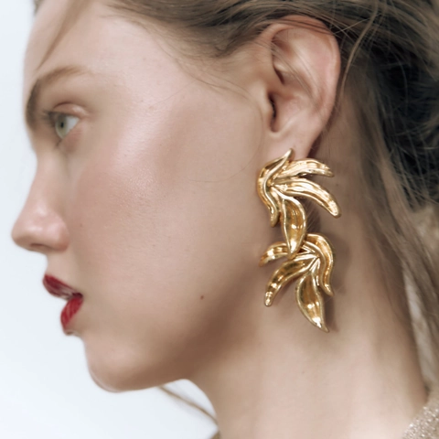 Exaggerated Double Layered Metal Leaf Dangle Earrings Vintage Minimalist Tropical Palm Leaf Jewelry For Women