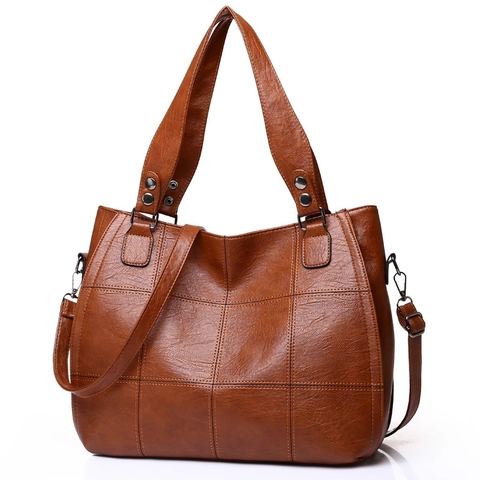 Women Large Capacity Tote Bag PU Leather Patchwork Stitch Line Handbag Shoulder Bag With Adjustable Strap Vintage Style