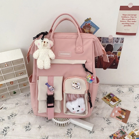 Sac À Dos Scolaire En Nylon Mignon Pour Filles Grande Capacité Multi Poches Style Japonais Cartable Avec Pendentif Ours Badge