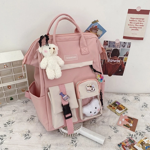 Sac À Dos Scolaire En Nylon Mignon Pour Filles Grande Capacité Multi Poches Style Japonais Cartable Avec Pendentif Ours Badge