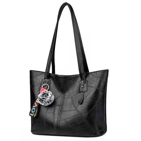 Borsa Tote Donna Capiente Pelle PU Design Patchwork Cuciture Borsa A Tracolla Con Ciondolo Pompon Elegante Trendy Quotidiana