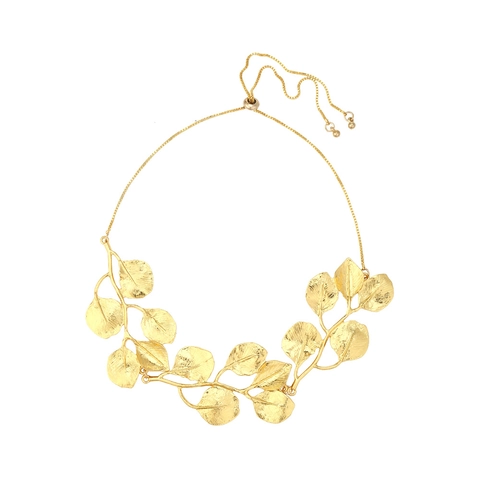 Leaf Necklace Gold Plated Alloy Brushed Texture Adjustable Slider Clasp Retro Boho Branching Foliage For Women