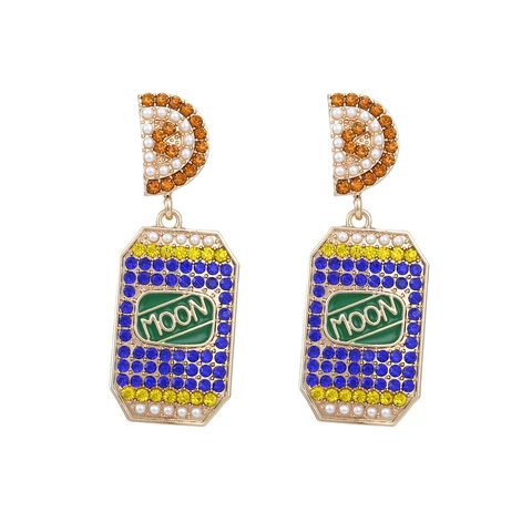 Colorful Rhinestone Drop Earrings With Faux Artificial Pearl Alloy Enamel Moon Pendant Retro Pop Fashion Style For Women