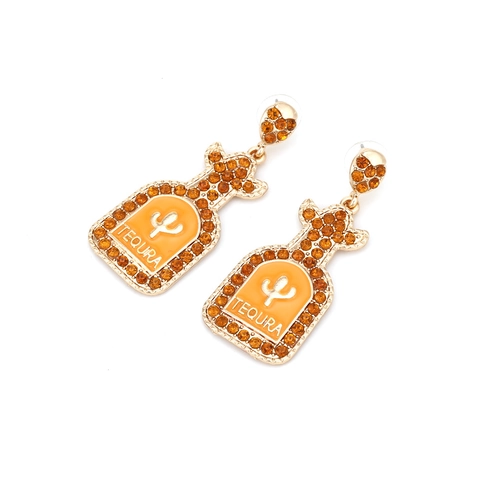 Creative Wine Bottle Shape Earrings With Enamel Cactus Pattern And Orange Rhinestone Alloy Ear Pendants For Women