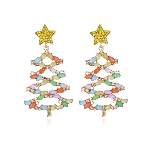 Christmas Tree Drop Earrings Colorful Rhinestone Zinc Alloy Star Top Hollow Out Holiday Jewelry For Women