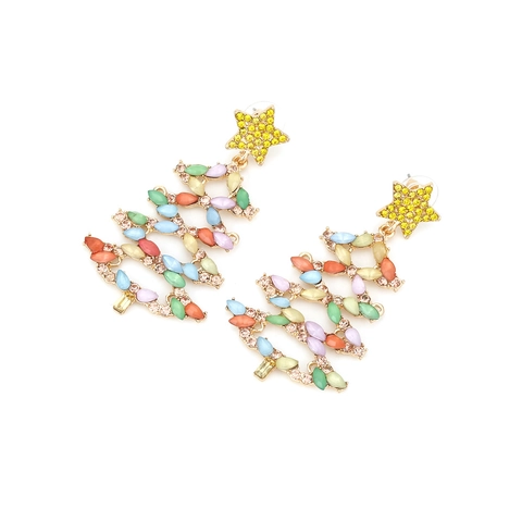 Christmas Tree Drop Earrings Colorful Rhinestone Zinc Alloy Star Top Hollow Out Holiday Jewelry For Women
