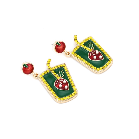 Obst Getränkebecher Hänger Ohrringe Legierung Emaille Strass Erdbeere Apfel Saftbox Schmuck Für Damen