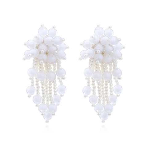 Handmade Beaded Flower Tassel Dangle Earrings Bohemian Exaggerated Faux Artificial Pearl Long Drop Jewelry For Women