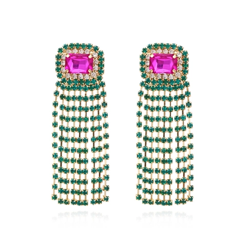 Statement Tassel Drop Earrings With Alloy Rose Red Crystal And Green Rhinestones Luxury Party Jewelry For Women