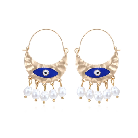 Evil Eye Sichelmond Hängeohrringe Legierung Emaille Gehämmertes Metall Boho Ethnisch Vintage Weiße Imitationsperle Für Damen