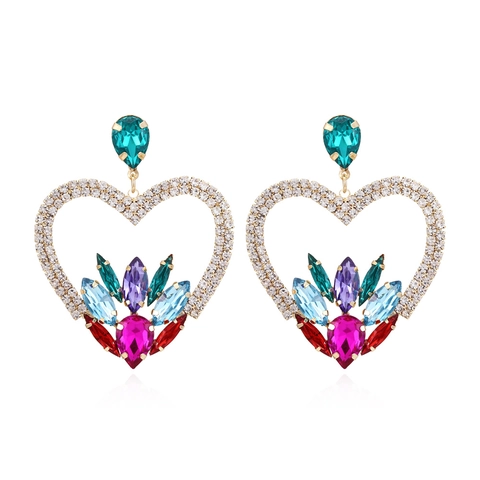 Orecchini A Cuore Oversize Strass Multicolore Lega Cavo Amore Lusso Festa Accessori Bohemien Per Donna