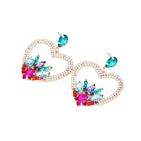 Orecchini A Cuore Oversize Strass Multicolore Lega Cavo Amore Lusso Festa Accessori Bohemien Per Donna