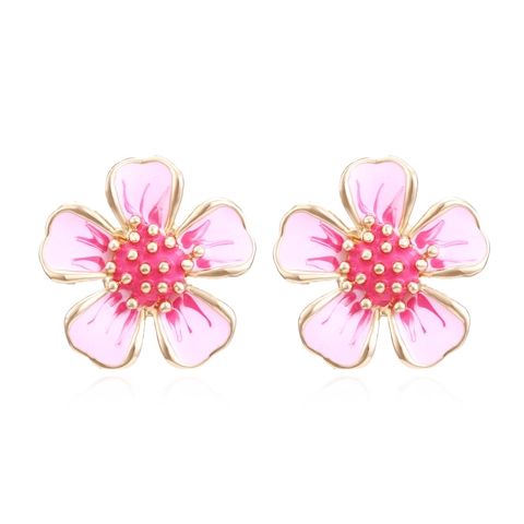 Pink Flower Stud Earrings Sweet Korean Style Zinc Alloy Enamel Peach Blossom Floral Ear Jewelry For Women Girls