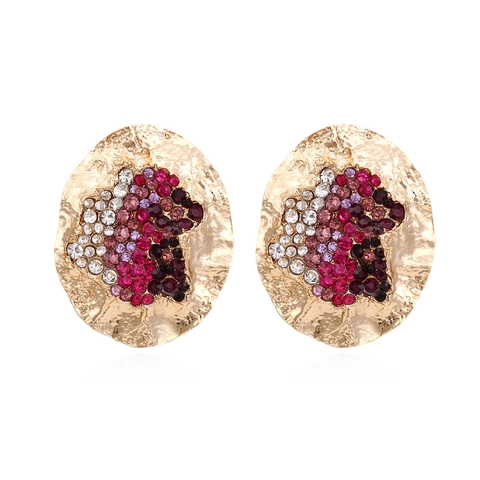Irregular Round Alloy Rhinestone Stud Earrings Exaggerated Hammered Metal Colorful Crystal Retro Luxury Jewelry Women