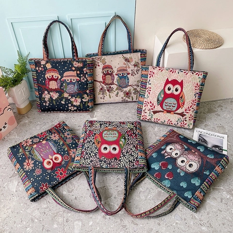 Women Ethnic Owl Jacquard Tote Bag Large Capacity Nylon Shoulder Bag Vintage Artistic Floral Print Shopping Bag For Students Travel