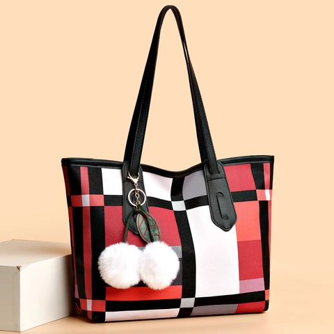 Women Large Capacity PU Leather Plaid Tote Bag With Plush Ball Cherry Pendant Fashion Shoulder Bag Handbag Daily Commute