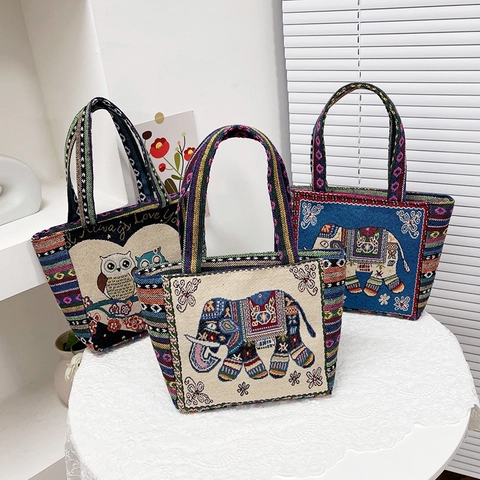 Women Ethnic Bohemian Embroidery Tote Bag Nylon Canvas Large Capacity Shoulder Bag With Elephant Owl Pattern Striped Handle