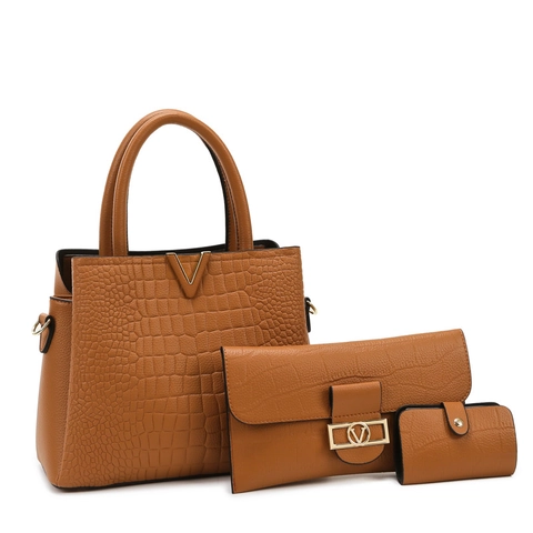 Damen Handtasche Portemonnaie Kartenhalter PU Leder Krokodil Muster V-Metall Dekor Schulter Umhängetasche