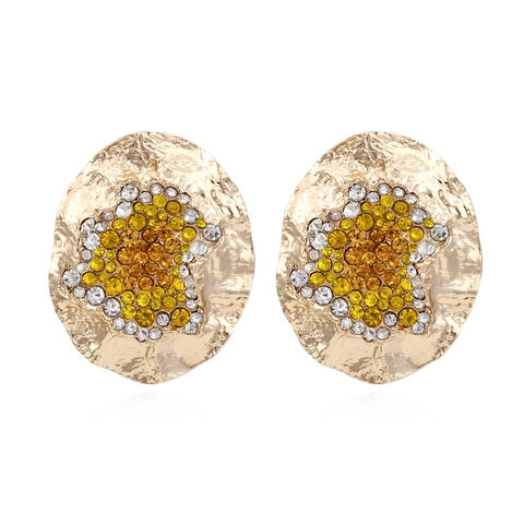 Irregular Round Alloy Rhinestone Stud Earrings Exaggerated Hammered Metal Colorful Crystal Retro Luxury Jewelry Women