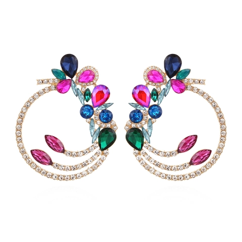 Exaggerated Colorful Rhinestone Flower Round Hoop Earrings Gold Alloy Inlaid Crystal Statement Party For Women