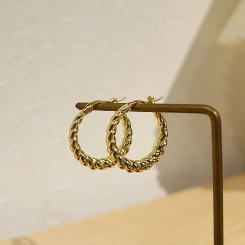 Orecchini A Cerchio A Corda Intrecciata Per Donna Rame Placcato Oro 18K Lucido Geometrico Stile Retro Gioielli