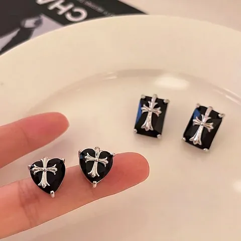 Stud Earrings Cross Inlaid Heart Square Geometric Black Stone Copper Gothic Retro Punk Jewelry For Women