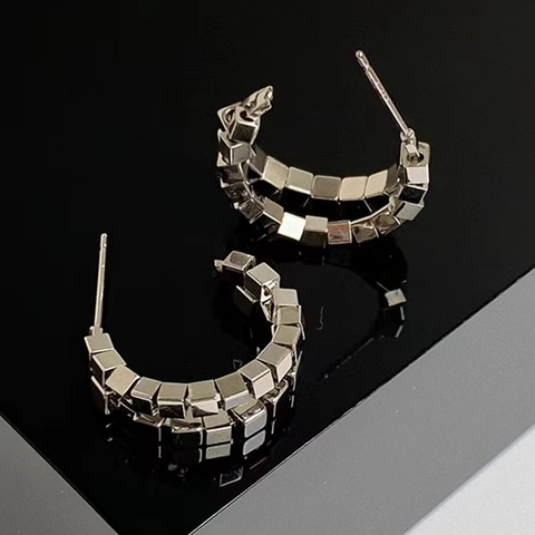 Boucles D'Oreilles En Cuivre En Forme De C Géométriques Multicouches Texture Cube Style INS Bijoux Pour Femmes Accessoire Élégant Léger