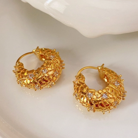 Boucles Oreilles Créoles Vintage Françaises Texture Irrégulière Cuivre Zircon Géométrique Style Froid Femmes