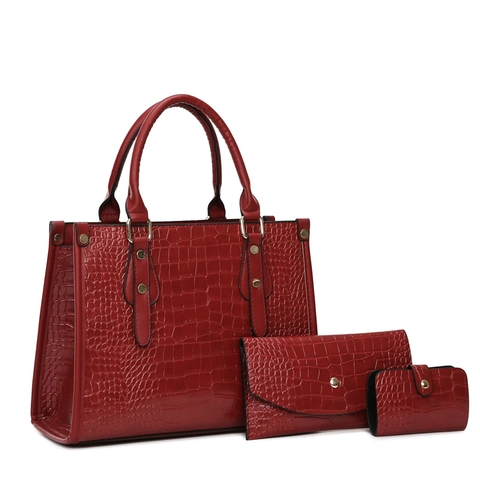 Damen Krokodil-Muster PU-Leder Tote-Bag Mit Schultergurt Geprägte Handtasche Brieftasche Kartenhalter Set Büro Schultertasche