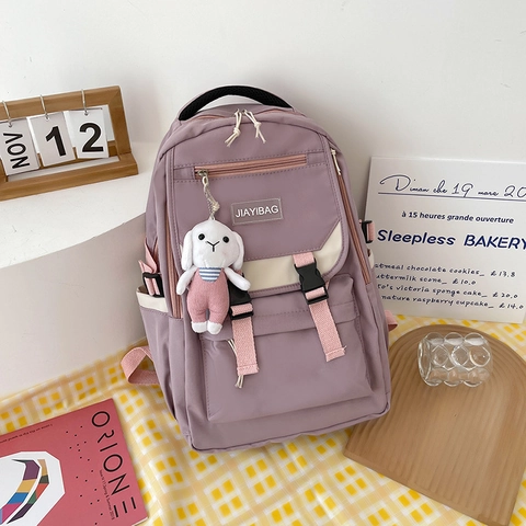 Koreaanse Stijl Grote Capaciteit Nylon Studenten Rugzak Voor Meisjes Simpele Harajuku Casual Schooltas Met Schattige Konijn Pluche Hanger Rugzak
