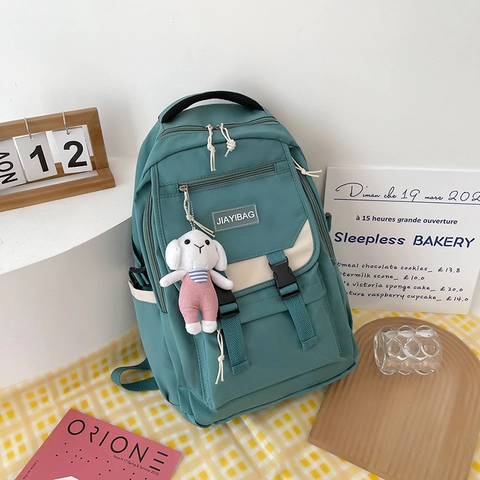 Koreaanse Stijl Grote Capaciteit Nylon Studenten Rugzak Voor Meisjes Simpele Harajuku Casual Schooltas Met Schattige Konijn Pluche Hanger Rugzak