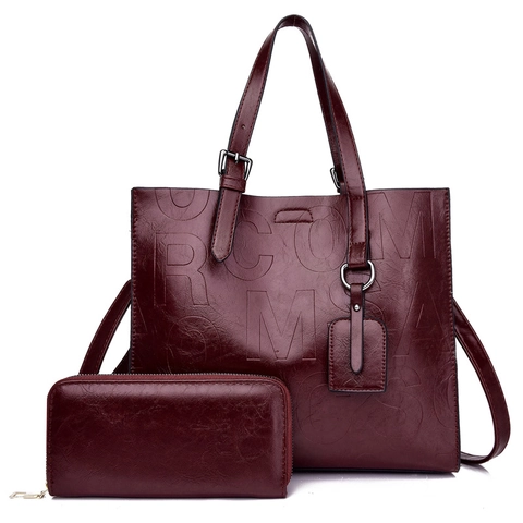 Women Vintage PU Leather Tote Bag Set Embossed Letter Large Capacity Shoulder Bag Crossbody Bag Handbag With Wallet