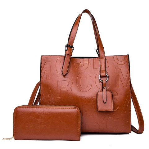 Women Vintage PU Leather Tote Bag Set Embossed Letter Large Capacity Shoulder Bag Crossbody Bag Handbag With Wallet