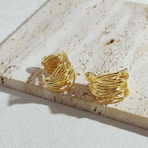 Orecchini A Lobo A Forma Di C Con Perno In Rame Filo Metallico Avvolto Multi-Strato Trama Intrecciata Tondo Vintage Per Donne
