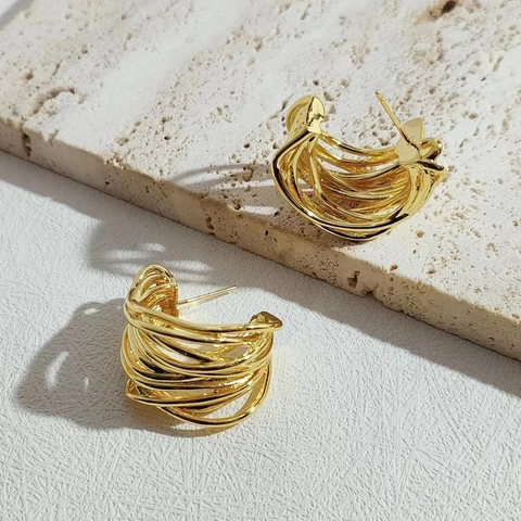 Orecchini A Lobo A Forma Di C Con Perno In Rame Filo Metallico Avvolto Multi-Strato Trama Intrecciata Tondo Vintage Per Donne