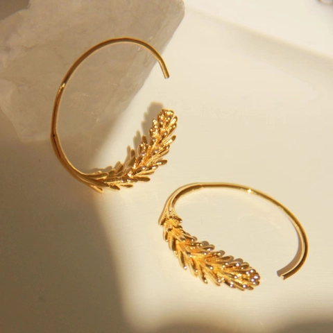 Elegant Wheat Ear Hoop Earrings Retro Gold Plated Copper Leaf Open Circle Geometric Studs Jewelry Women Luxury Style