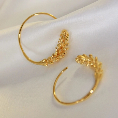 Elegant Wheat Ear Hoop Earrings Retro Gold Plated Copper Leaf Open Circle Geometric Studs Jewelry Women Luxury Style