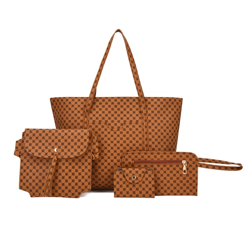 Retro Geometrisch Monogramm Druck Große Kapazität PU Leder Damen Shopper Schultertasche Geldbörse Kartenhalter Handtasche