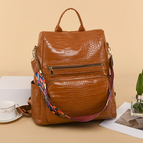 Women Anti-Theft Fashion Backpack PU Leather Crocodile Pattern Large Capacity Travel School Bag With Colorful Woven Strap