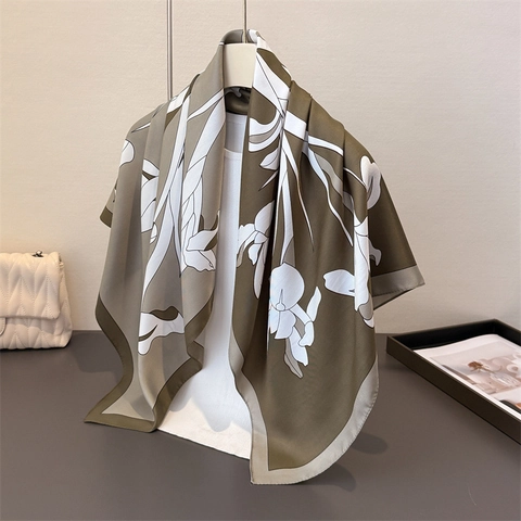 Retro Floral Print Square Scarf Elegant Satin Like Polyester Shawl For Women Large Headscarf Neck Wrap