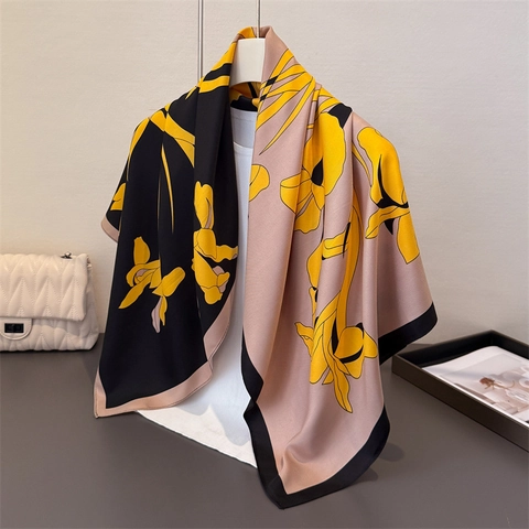 Retro Floral Print Square Scarf Elegant Satin Like Polyester Shawl For Women Large Headscarf Neck Wrap