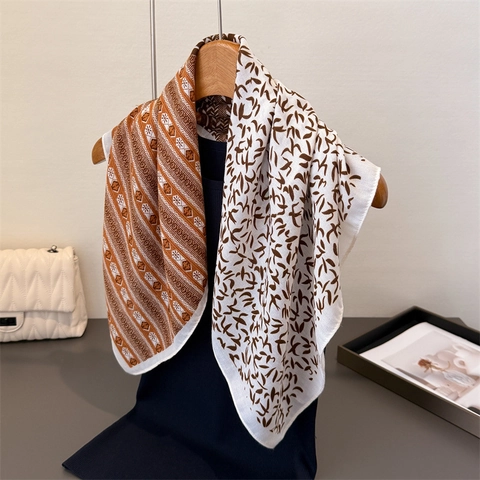 Elegant Square Scarf Women Satin Feeling Polyester Bandana Bird Geometric Herringbone Print Vintage Fashion Neck Head Wrap