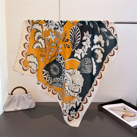 Vintage Bloemenprint Polyester Visgraat Vierkante Sjaal Dames Artistieke Esthetiek Hoofdband Halssjaal Bandana Omslagdoek