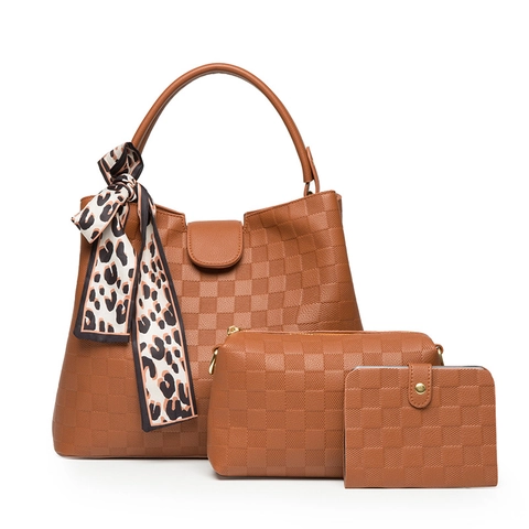 Damen Handtasche Tote Und Beutel Und Geldbörse PU Leder Schachbrett Geprägtes Muster Mit Leoparden Schal Retro Street Style