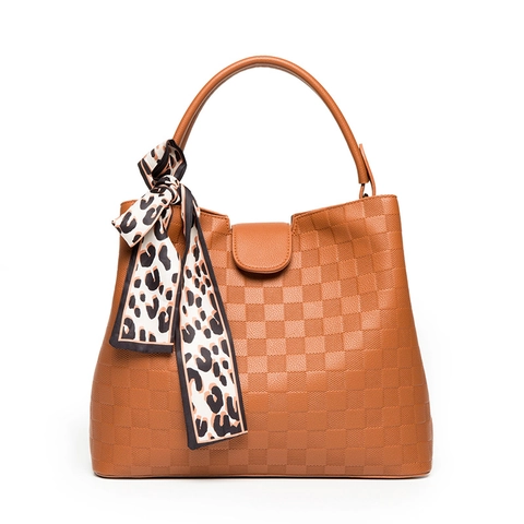 Damen Handtasche Tote Und Beutel Und Geldbörse PU Leder Schachbrett Geprägtes Muster Mit Leoparden Schal Retro Street Style